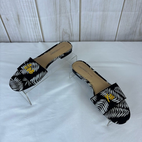 Who What Where See Ya Sloane Sandals Black White Gold Palm Slip-on Slide Size 6 - Picture 4 of 9
